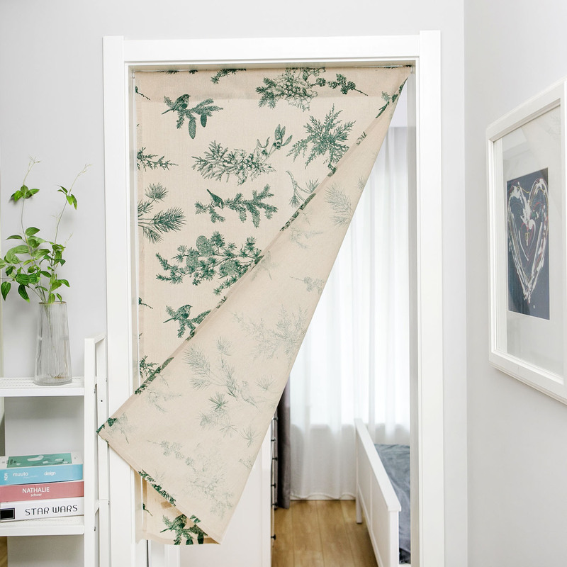 Green Pine Branch Print Rustic Curtain Fabric Feng Shui Curtain Bathroom Half Curtain Without Rod