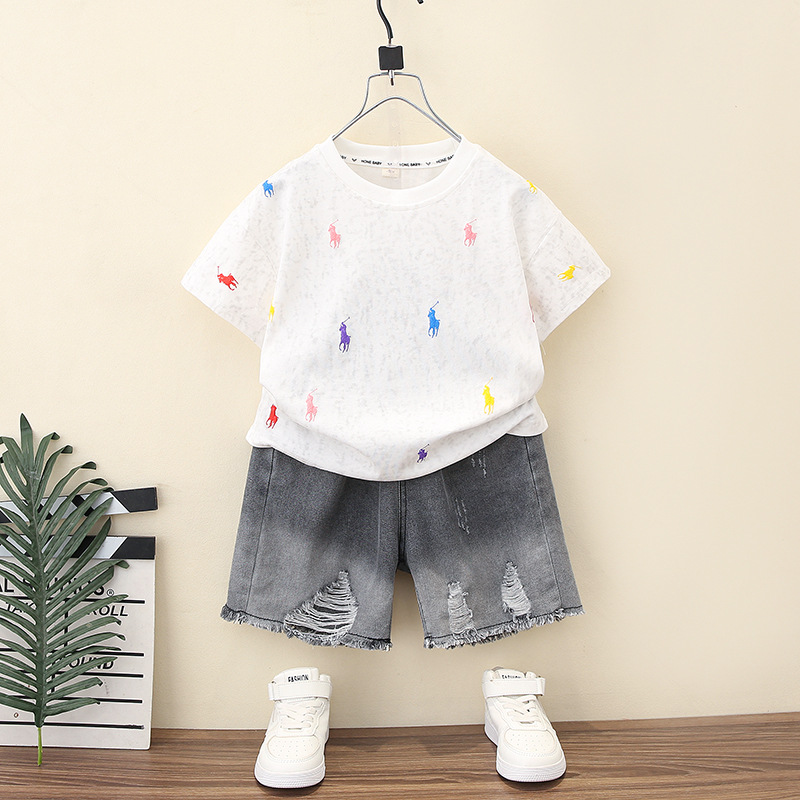 7378 Traje de verano para niños Camiseta de manga corta de dibujos animados para niños coreanos Pantalones vaqueros para bebés Pantalones cortos de verano Ropa delgada 3