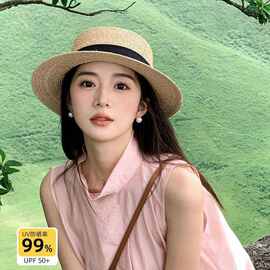 平顶草帽女法式草编礼帽2024新款夏季大檐遮阳帽子海边度假太阳帽
