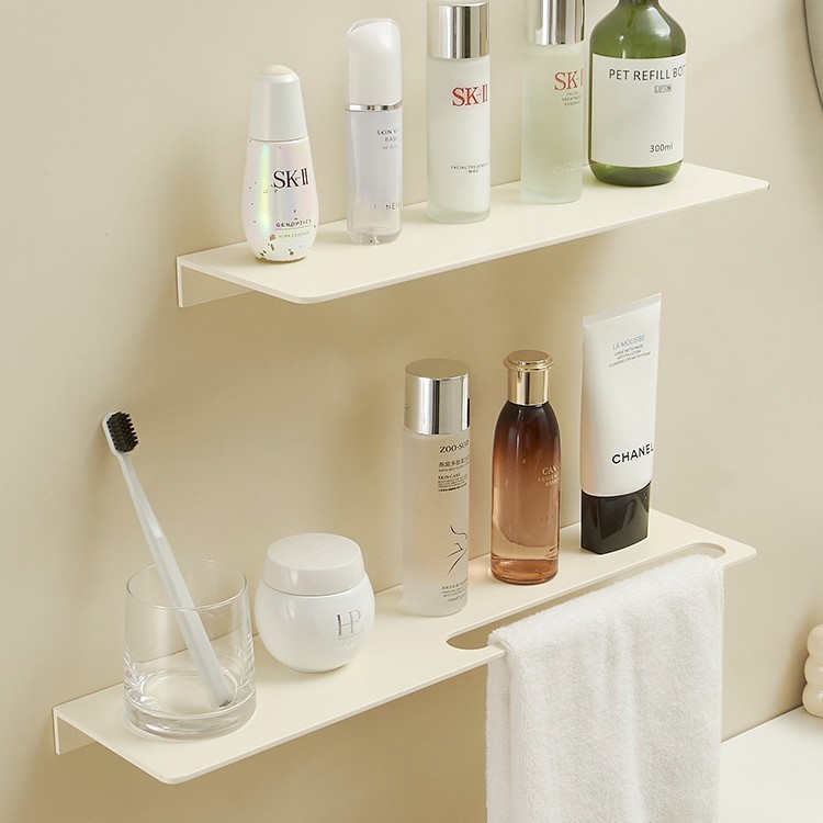 Cream White Bathroom Storage Rack, Wall-Mounted, No-Drill, Light Luxury Washroom Mirror Front Vanity Shelf