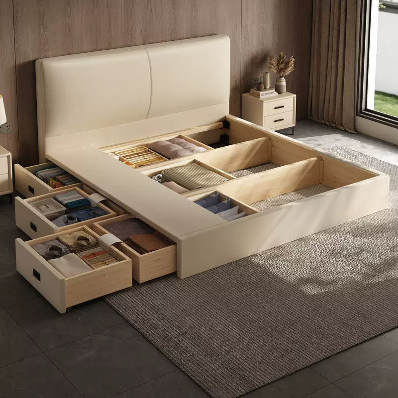 薄床头箱体抽屉卧室地台床排骨架高箱收纳储物床全实木榻榻米皮床