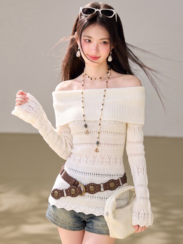 R7496 niche casual pure desire vibe one-shoulder knit top, slim fit, flattering, and gentle style