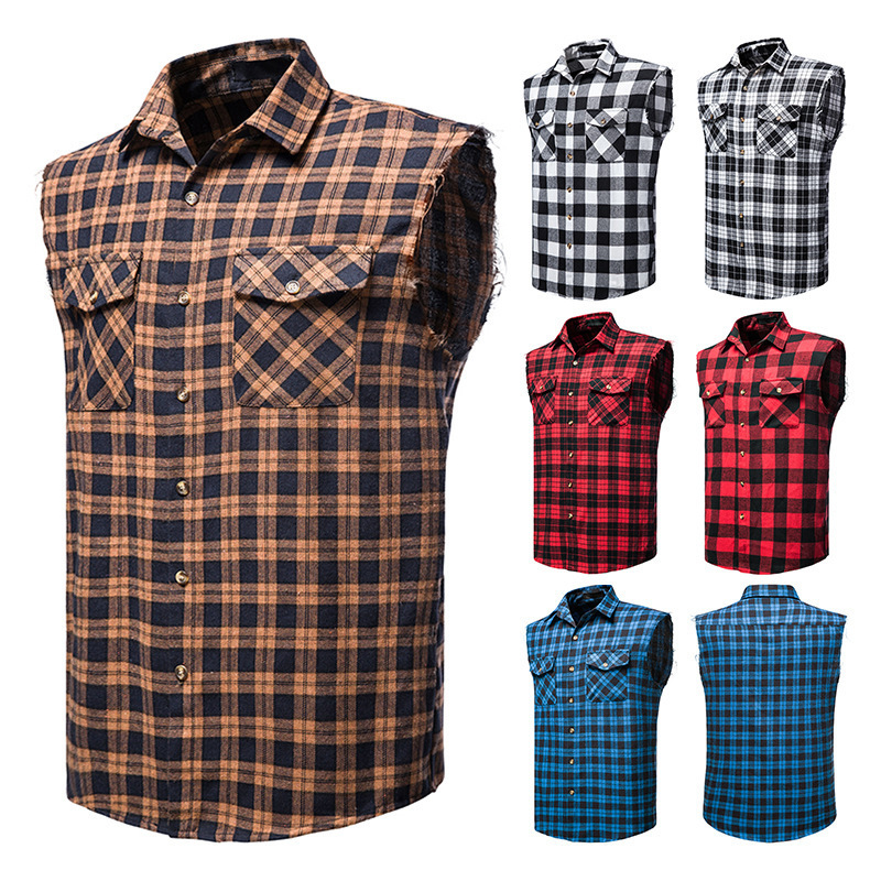 2023 verano nuevo tamaño europeo hombres Camisa sin mangas casual Amazon moda Plaid multicolor camisa grandes productos