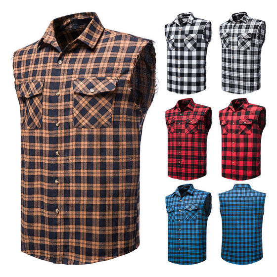 2023 Summer New European Size Men's Casual Sleeveless Shirt Amazon Fashion Plaid Multicolor Shirt Bulk