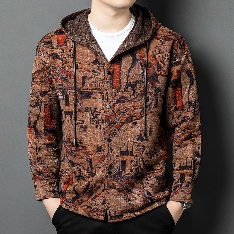 Men's Light Luxury Xiangyun Yarn Silk Hooded Casual Jacket Coat Youth Fashion Trendy Camouflage Mulberry Silk Top