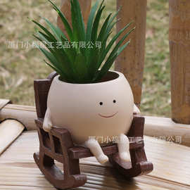 跨境创意新款多肉花盆可爱摇椅圆脸坐姿装饰摆件家居悬挂秋千花盆
