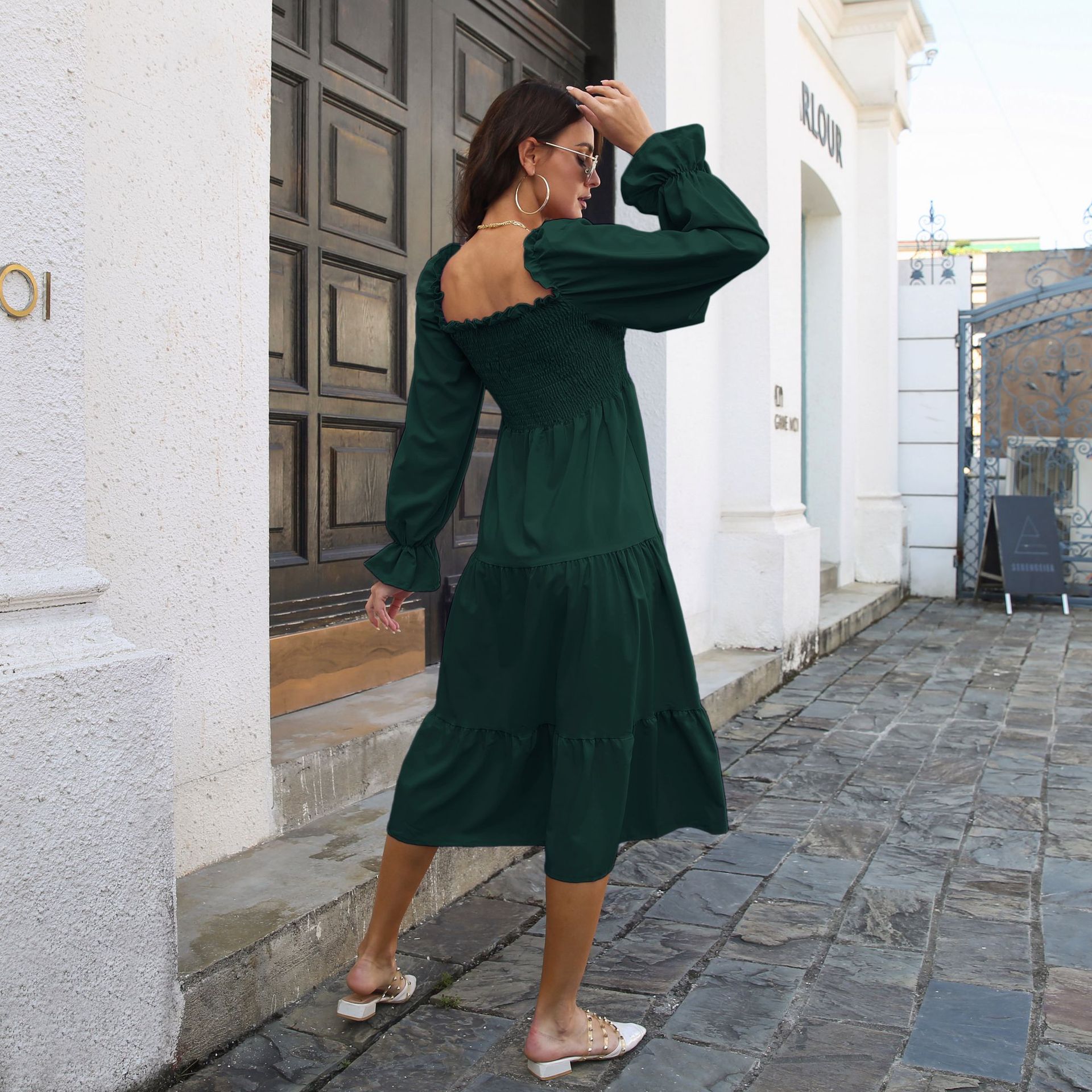 Smocking Dress Ruffled Square Collar Flared Sleeve Layered Large Swing Dress Women Women Clothing