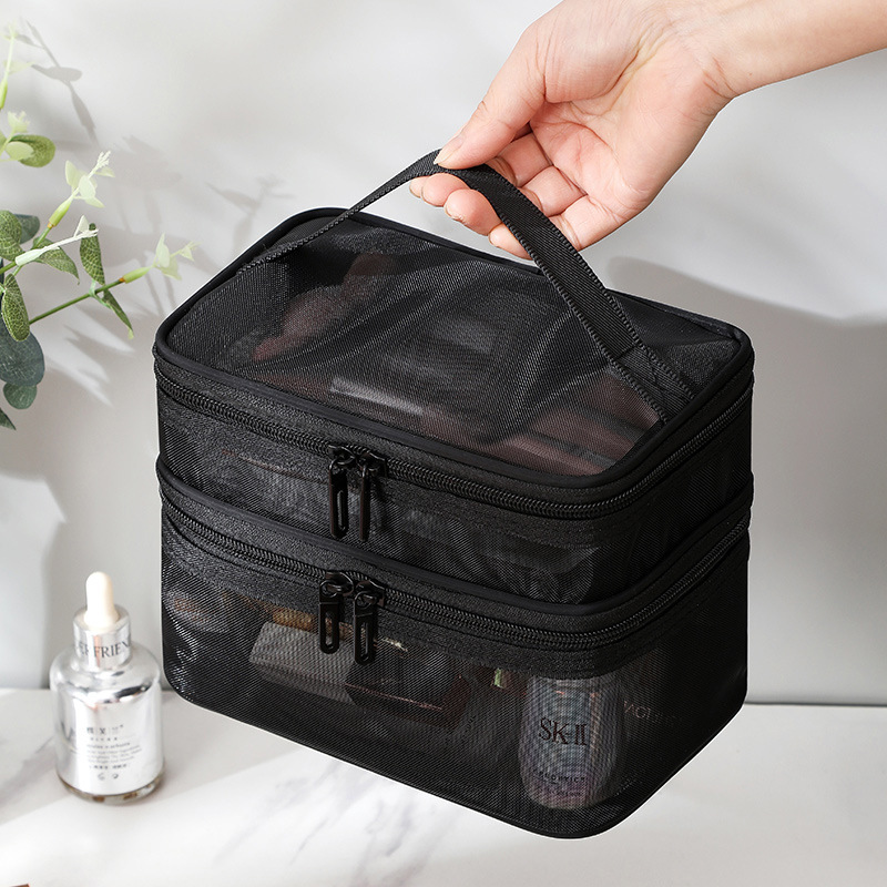 Thickened Mesh Black Double-Layer Cosmetic Bag Large Capacity High-Level Cosmetic Storage Bag Portable Transparent Toiletry Bag
