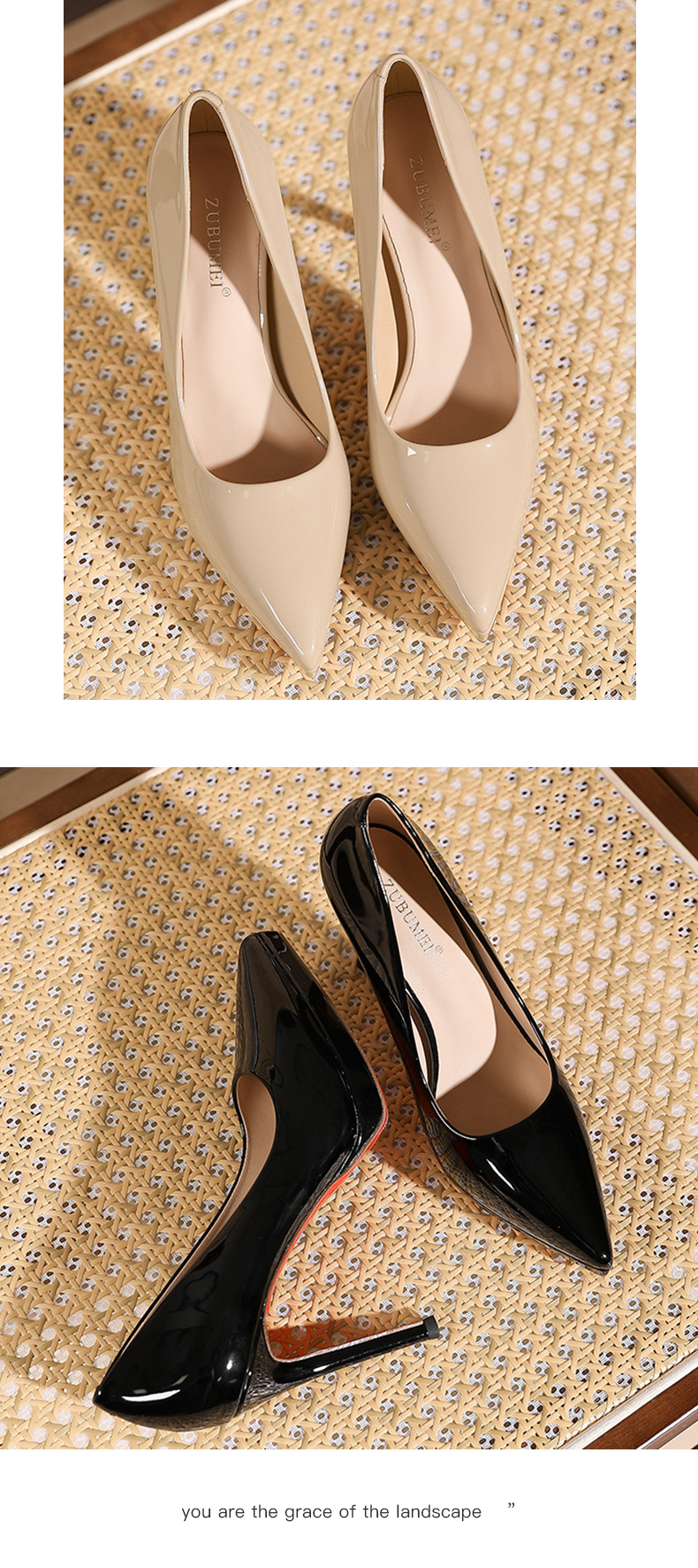 Giày cao gót nữ mũi nhọn phong cách Pháp, đế đỏ, gót nhọn 10 cm — Da trần-10cm chi tiết 7