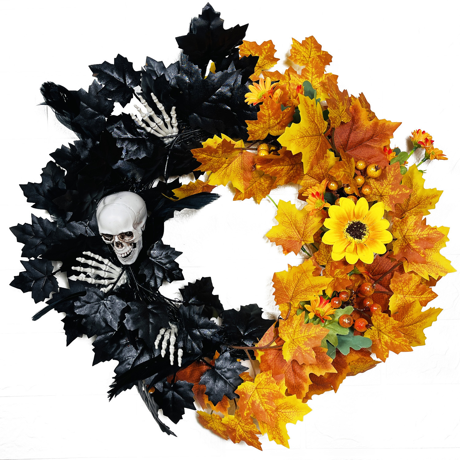 Meimei amazon corona de halloween esqueleto 45cm corona de flores festival de cosecha simulación de arce decoración de fiesta de terror