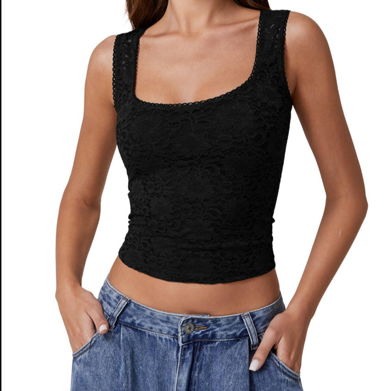 Women's Lace-Trimmed Square-Neck Sleeveless Tank Top, Double-Layer Slim Fit, Cropped Top, New European and American Style, Backless