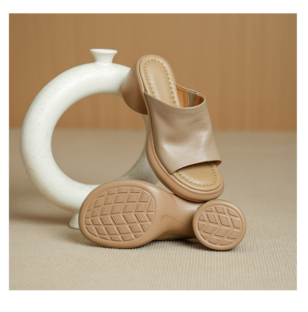 Sandal cao gót nữ hở mũi da dê gót thô 7 cm đế dày — màu trắng ngà chi tiết 13