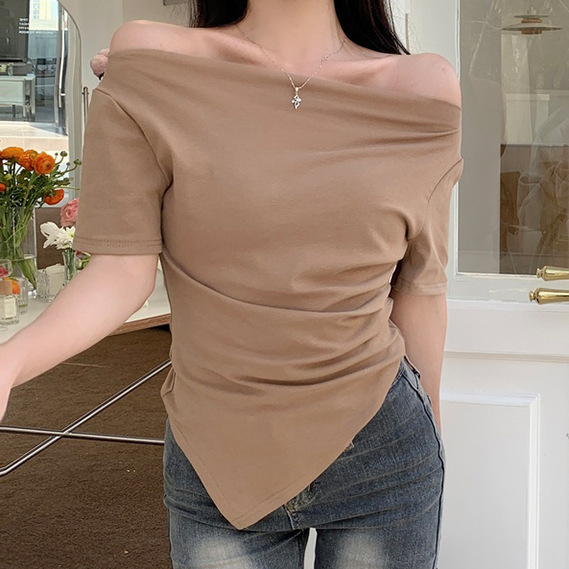 Pure Spice Girls Irregular off-shoulder Pure Sexy Short-sleeved T-shirt Women's Summer French Shoulder Slim-fit Top Women's T-shirt