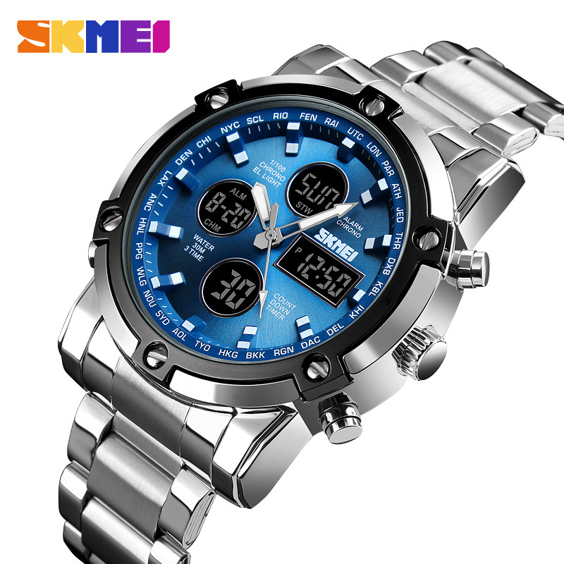 SKMEI multi-funcional correa de acero impermeable reloj de los hombres de doble sincronización luminosa deportes reloj electrónico 1389