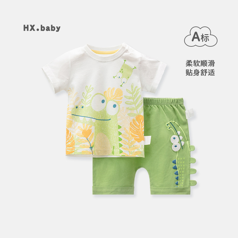 Newborn baby Summer thin cartoon short-sleeved shorts two-piece set baby boy out suit baby Summer clothes