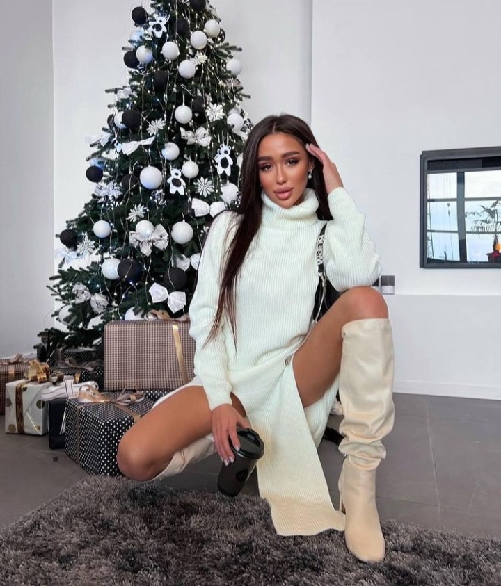 Popular Long Sleeve Turtleneck Thigh Slit Woolen Dress