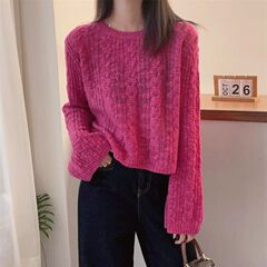 休闲百搭宽松长袖针织衫薄款女秋新款慵懒风宽松短款软糯圆领毛衣