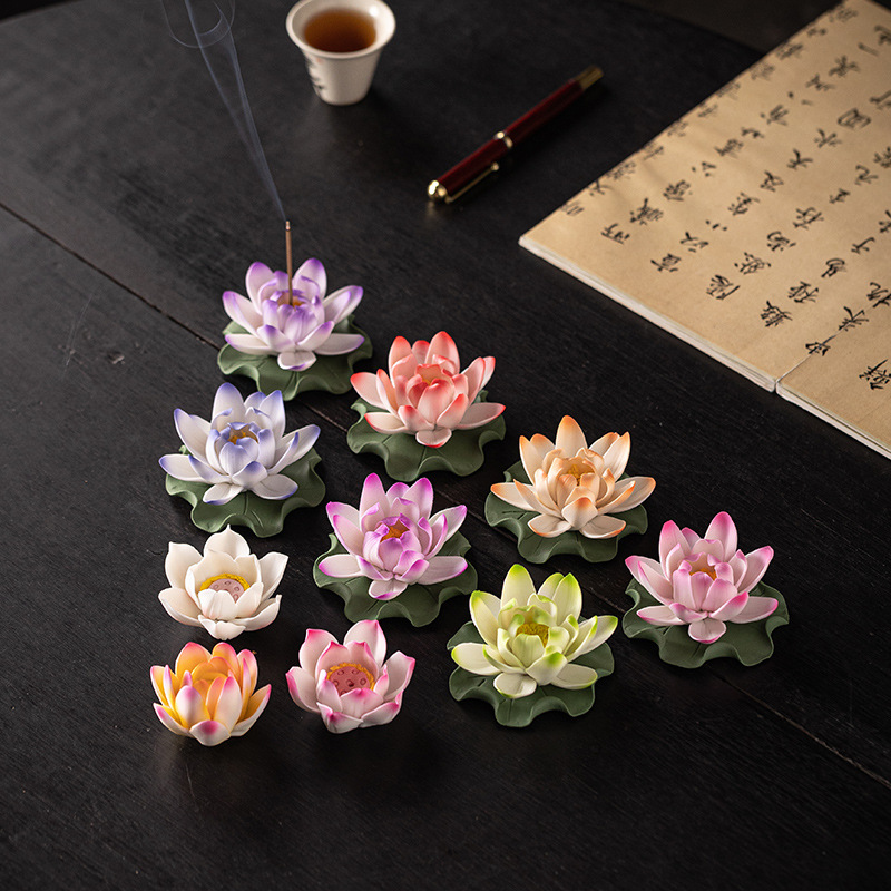 Ceramic lotus flower handmade incense burner ornaments indoor Zen desktop incense holder line sandalwood incense dispenser