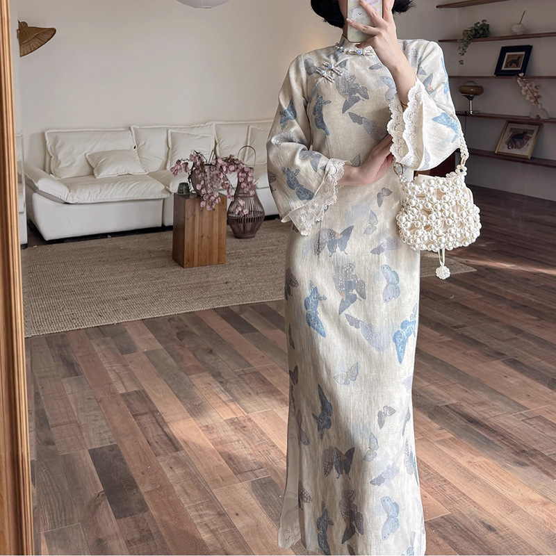 蝴蝶引-2025秋新款复古新中式蝴蝶印花改良旗袍裙子女气质连衣裙|undefined