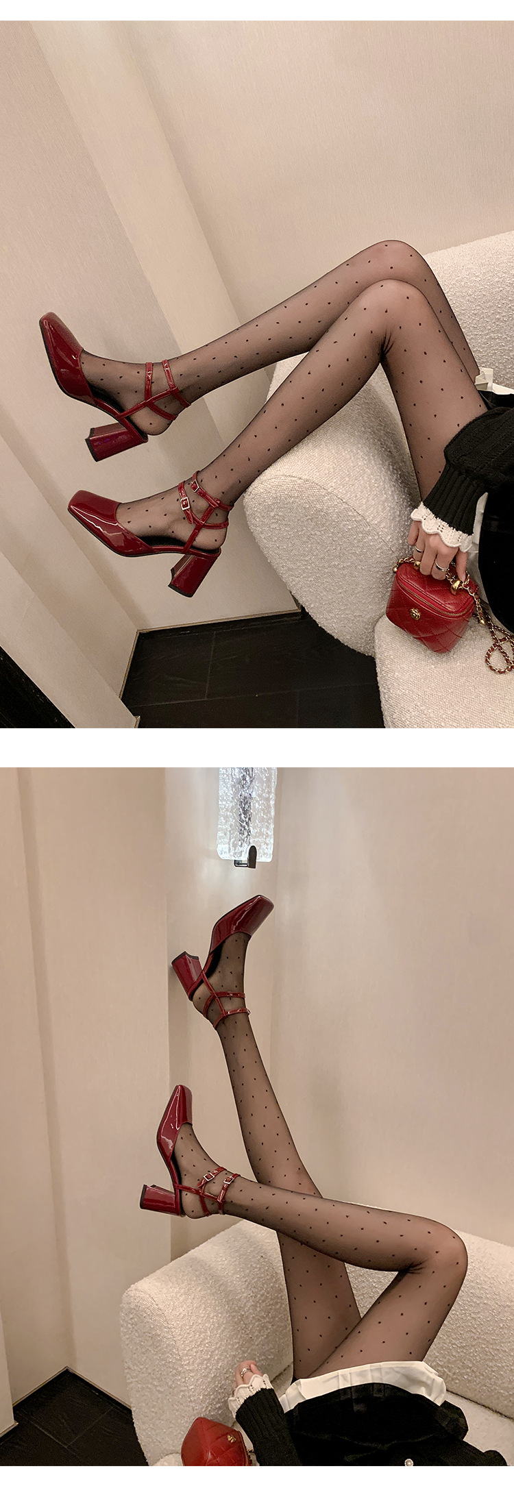 Giày sandal cao gót nữ mũi vuông bít mũi quai ngang gót thô da thật — Màu đen chi tiết 14