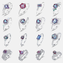 外贸跨境专供亚历山大石戒指S925银镶培育彩宝变石叠戴戒指欧美风