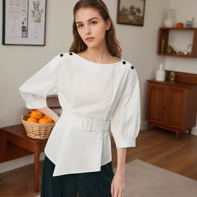 Elegant Workwear-Style Boat Neck Blouse with Belt, Cinched Waist, Asymmetrical Hem, Half-Sleeve Shirt for Women, Unique Design, Summer Elegant Workwear-Style Boat Neck Blouse with Belt, Cinched Waist, Asymmetrical Hem, Half-Sleeve Shirt for Women, Unique Design, Summer