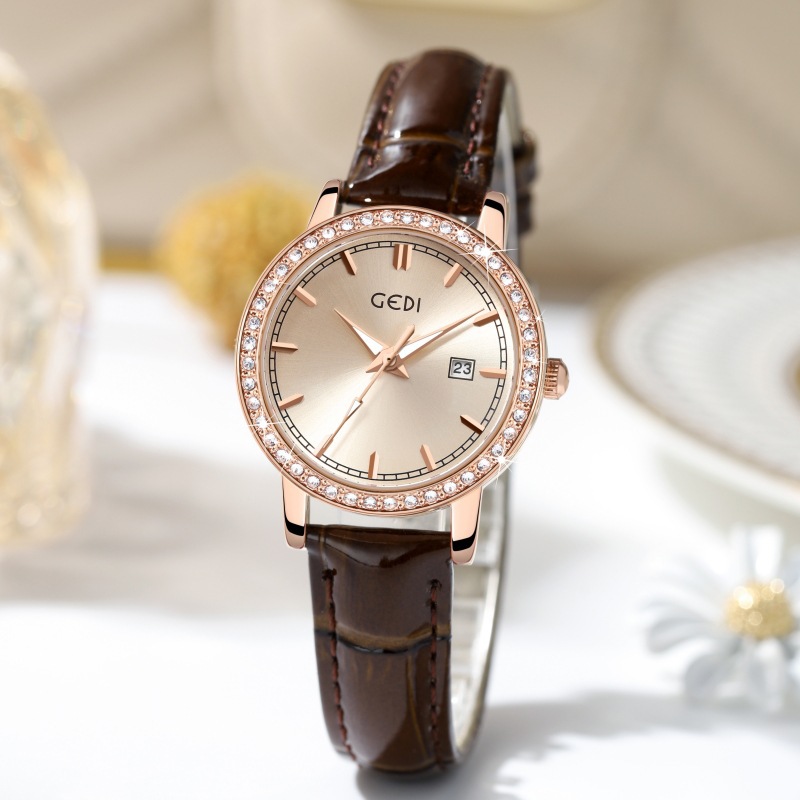 Gedi New Diamond light luxury women's fashion calendar luminous waterproof belt quartz watch