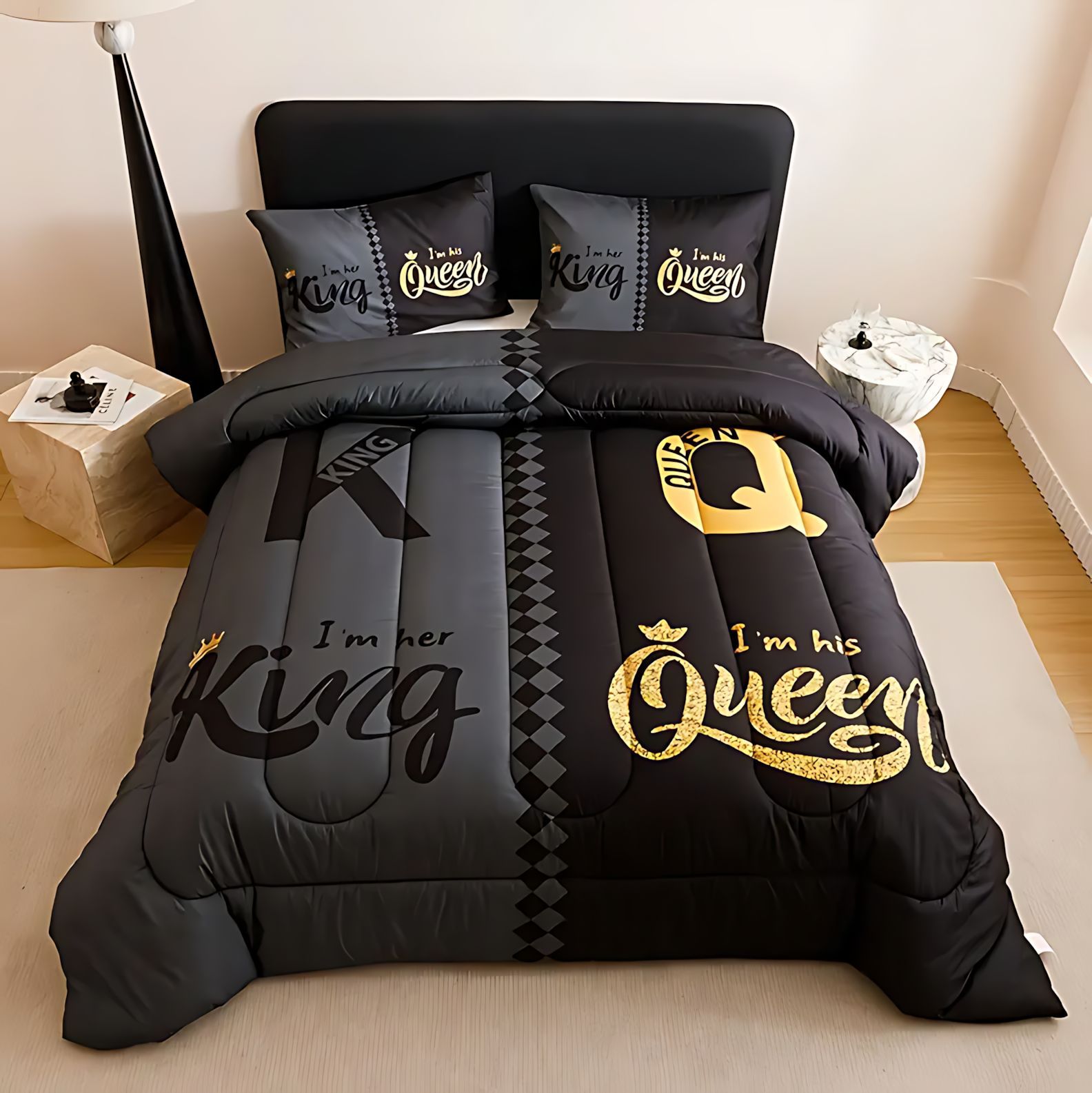 TEMU / JIT transfronterizo textil casero negro gris letras de corona alta definición impresión digital 180gms colcha colcha almohada set