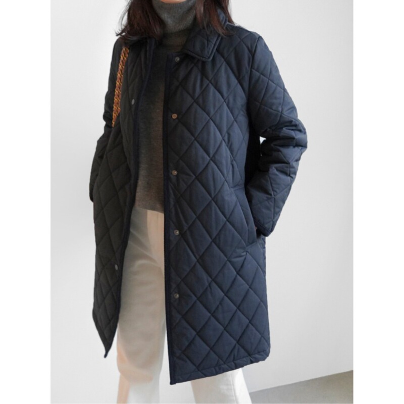 Vintage Diamond-Patterned Quilted Cotton Shirt for Women, Winter Mid-Length Black Warm Cardigan Cotton Coat