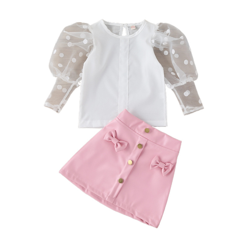 New Girls' Solid Color White Dot Mesh Stitching Sleeve Pullover Bow A-line Leather Skirt Two-piece Set