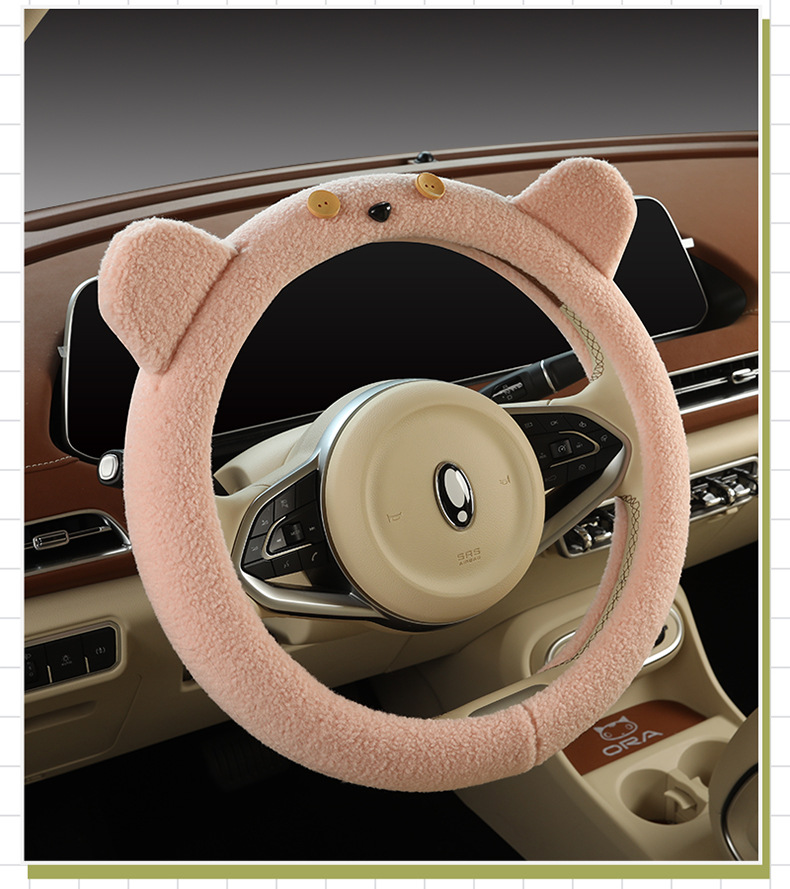 Plush steering wheel cover winter teddy velvet D-type cute cartoon car interior decoration girl protective cover warm handle cover
