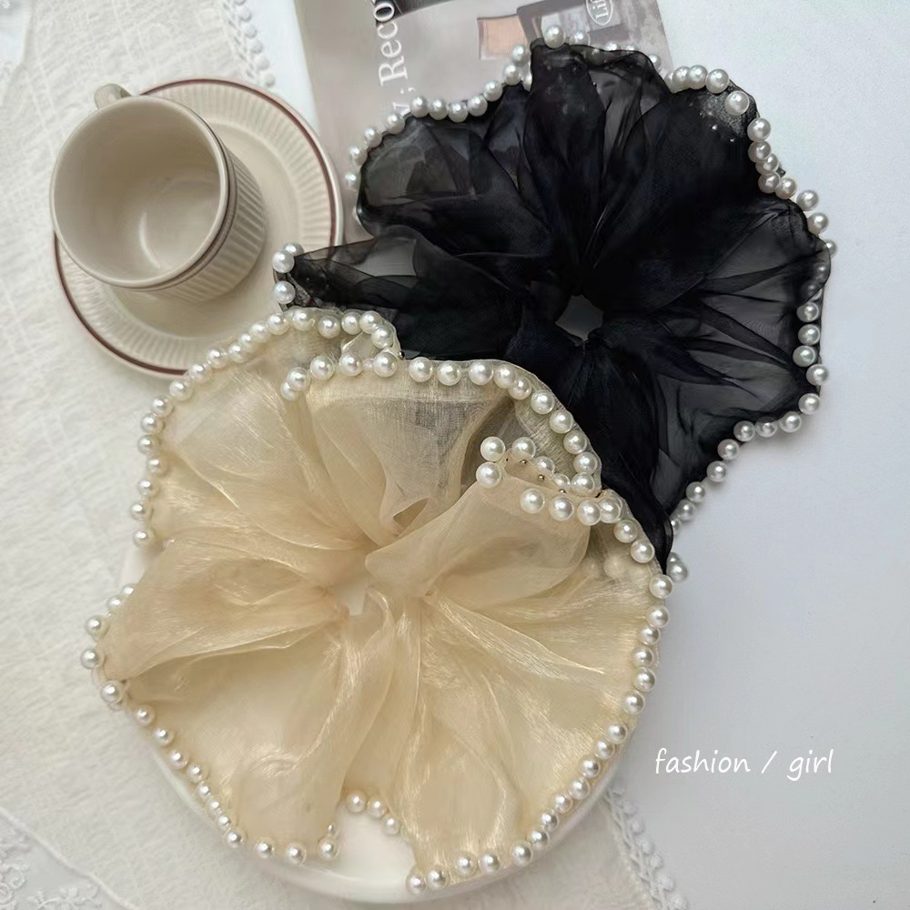 Scrunchie ricamato con fiori perle e fiocco elastico capelli_voghion.com