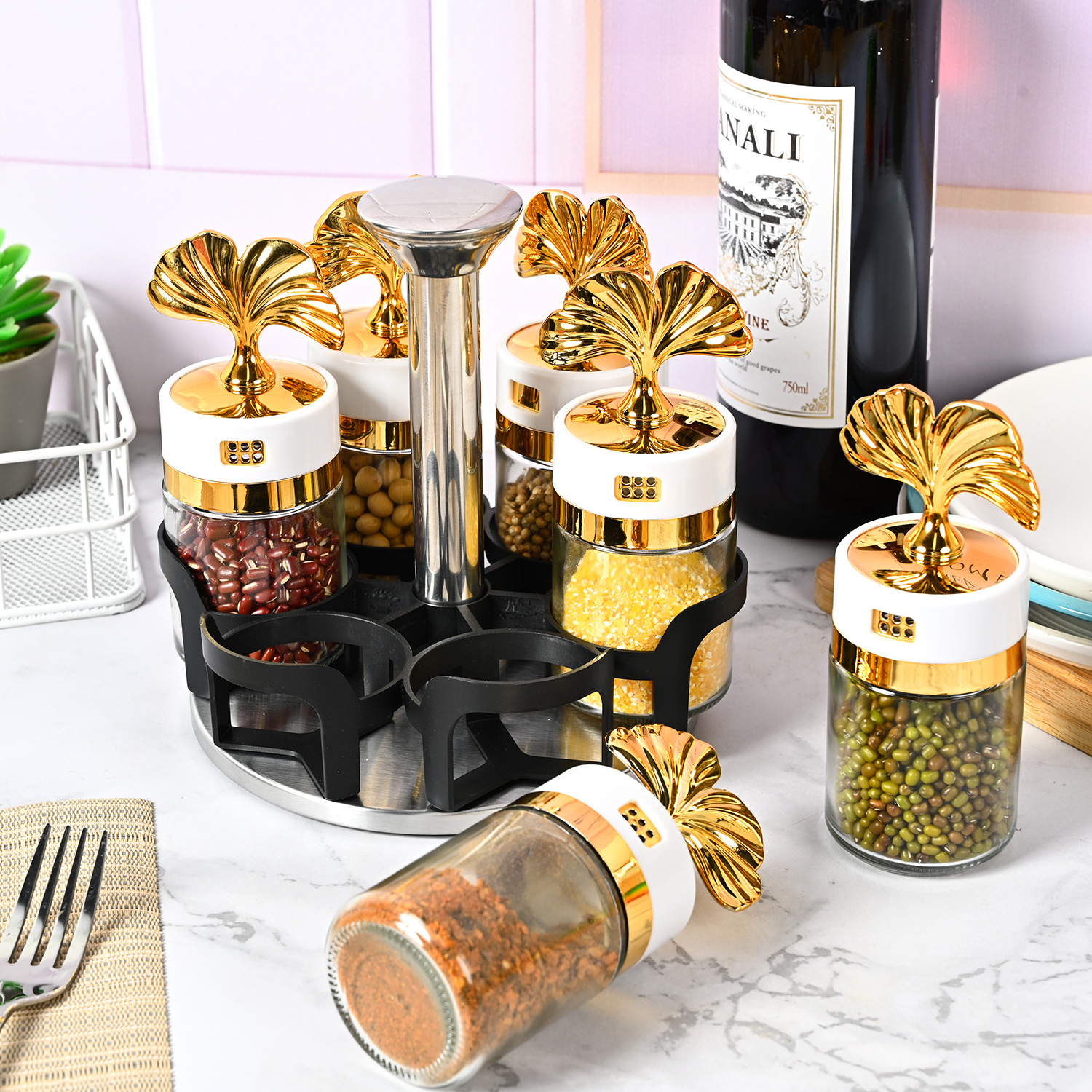 Venta caliente transfronteriza botella de condimento de vidrio de cocina frasco de condimento a prueba de humedad frasco de condimento botella de condimento giratoria caja de condimento