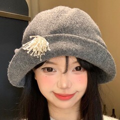 灰色翻边毛呢渔夫女秋冬韩版显脸小百搭水桶帽法式大头围礼帽子