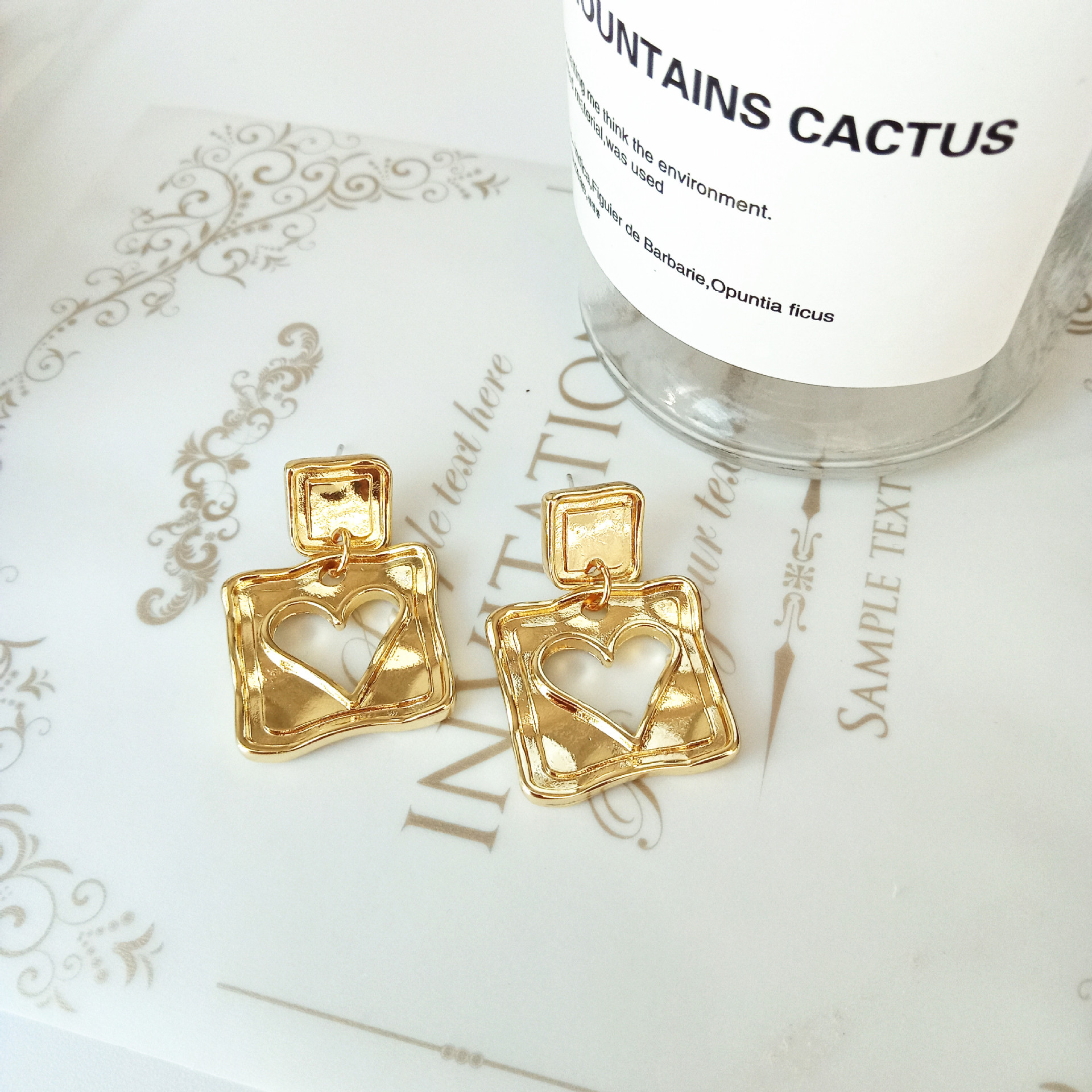 18g Weight Earrings Classification Daily Occasion Retro Square Heart Shape Alloy Hollow Out Earrings