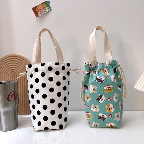 Universal thermos cup cover with carrying rope, portable canvas, cute cartoon water cup cover, portable storage bag