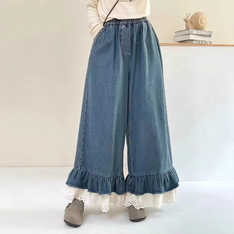 Japanese Mori Style fleece-lined Thickened Wide-leg Jeans Women's Winter New Contrast Color Double-layer Lotus Leaf Lace Straight Leg Pants for Women