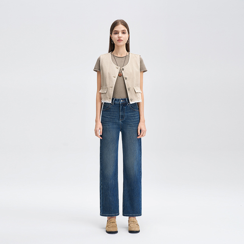 Lanyu Xi 2025 Four Seasons Women's Vintage Four-Way Stretch Fabric Heavy Washed Slimming and Height-Enhancing Straight-Leg Jeans