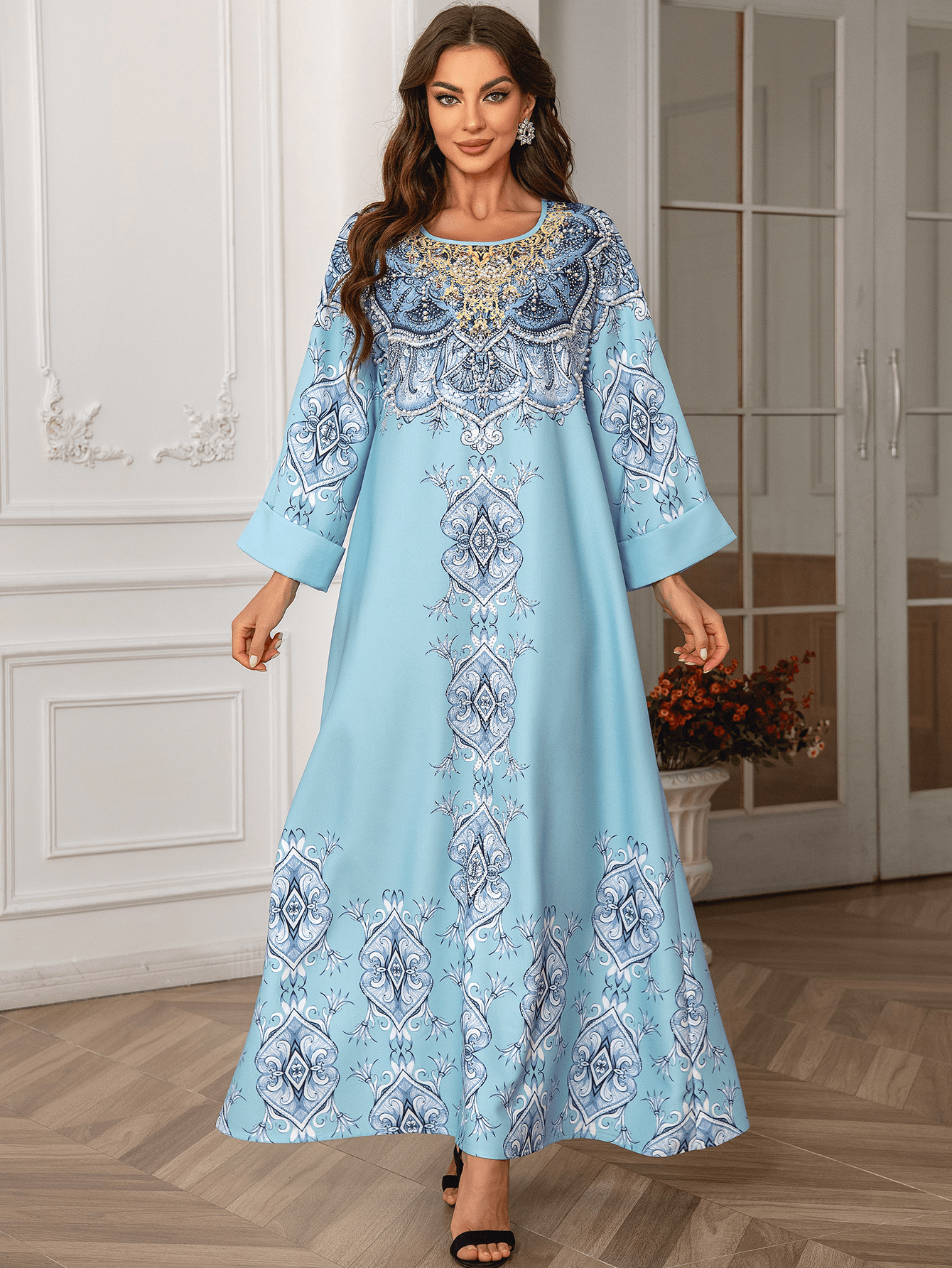 ZD024 Middle Eastern And European Cross-border Foreign Trade Muslim Printed Robe Abaya Beaded Round-neck Dress Gown_ecoleips.com