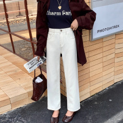 【秋の新作】女性用小柄ホワイトジーンズ、9点シガレットパンツ、ハイウエスト伸縮性スリムストレートバゲットパンツ