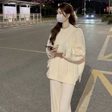 2025加绒加厚开叉针织毛衣女新款春夏宽松外穿慵懒风麻花套头上衣