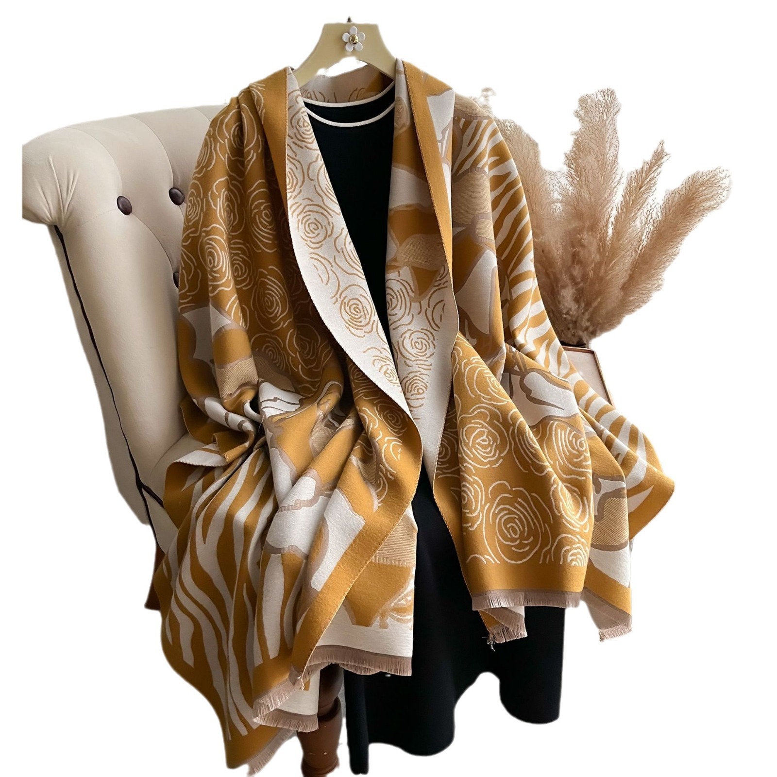 2024 nuevo mosaico floral impresión de cachemira bufandas corta frisa engrosado otoño y invierno calentamiento de la mujer bufandas