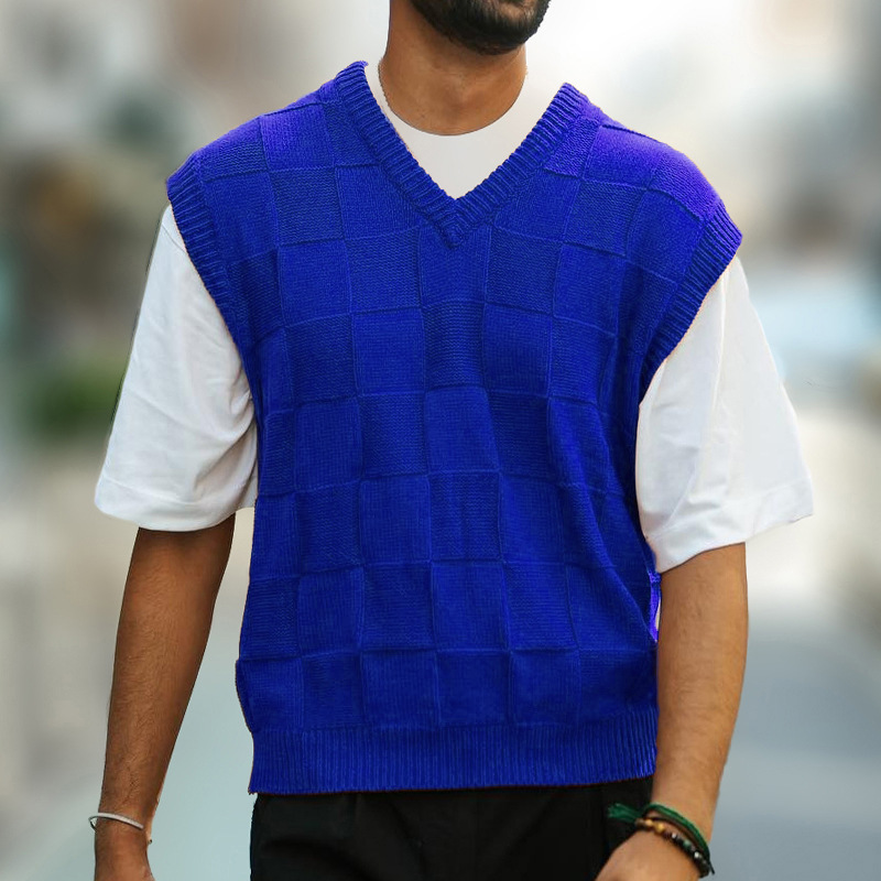 Neue Herren-Strickweste für Frühling/Sommer 2025, ärmellos, V-Ausschnitt, kariert, Street Style_voghion.com