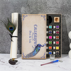 星空玻璃筆禮盒復古孔雀盒金粉蘸水筆鋼筆彩色墨水套裝創意禮品筆