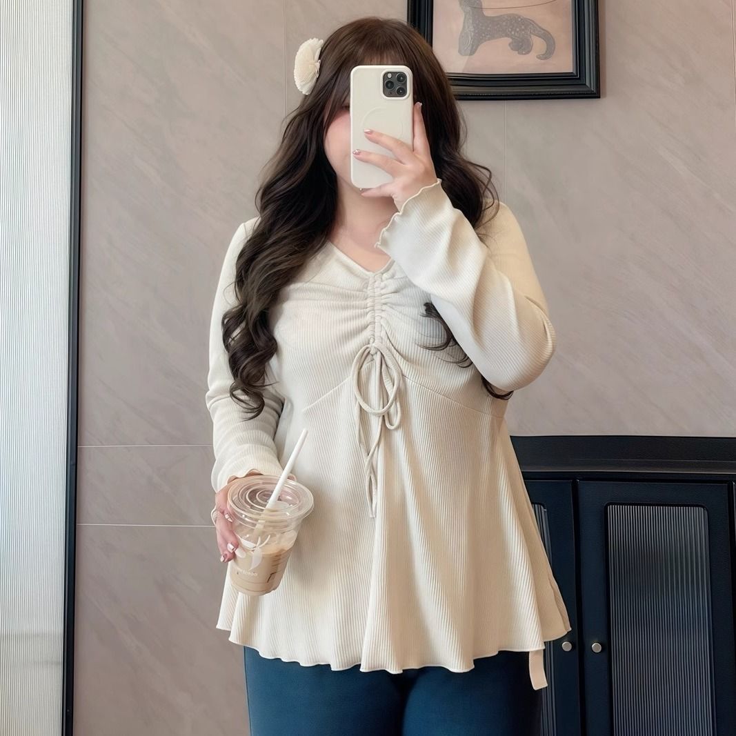 Plus Size Drawstring V Neck Long-Sleeved T-Shirt for Women Spring & Fall New Fat mm Loose Slimming Look Inner Layering Shirt High-End Top