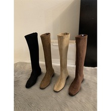 粗跟尖头绒面瘦瘦长筒靴女鞋2025新款秋冬季韩版长靴中筒骑士靴子