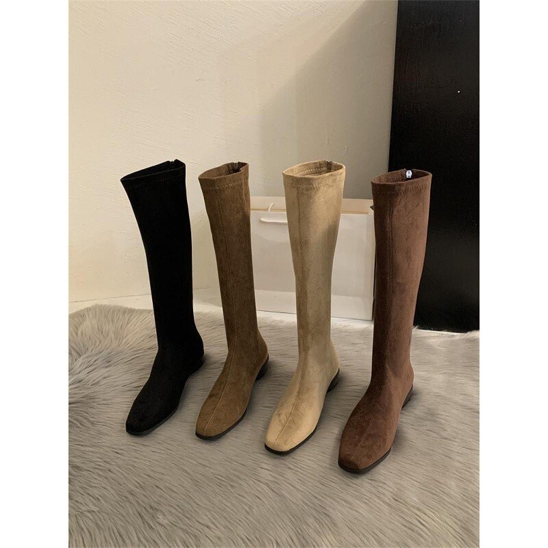 Thick Heel Pointed Toe Suede Slim Boots Women's Shoes 2025 New Autumn and Winter Korean Style Boots Mid-Calf Knight Boots