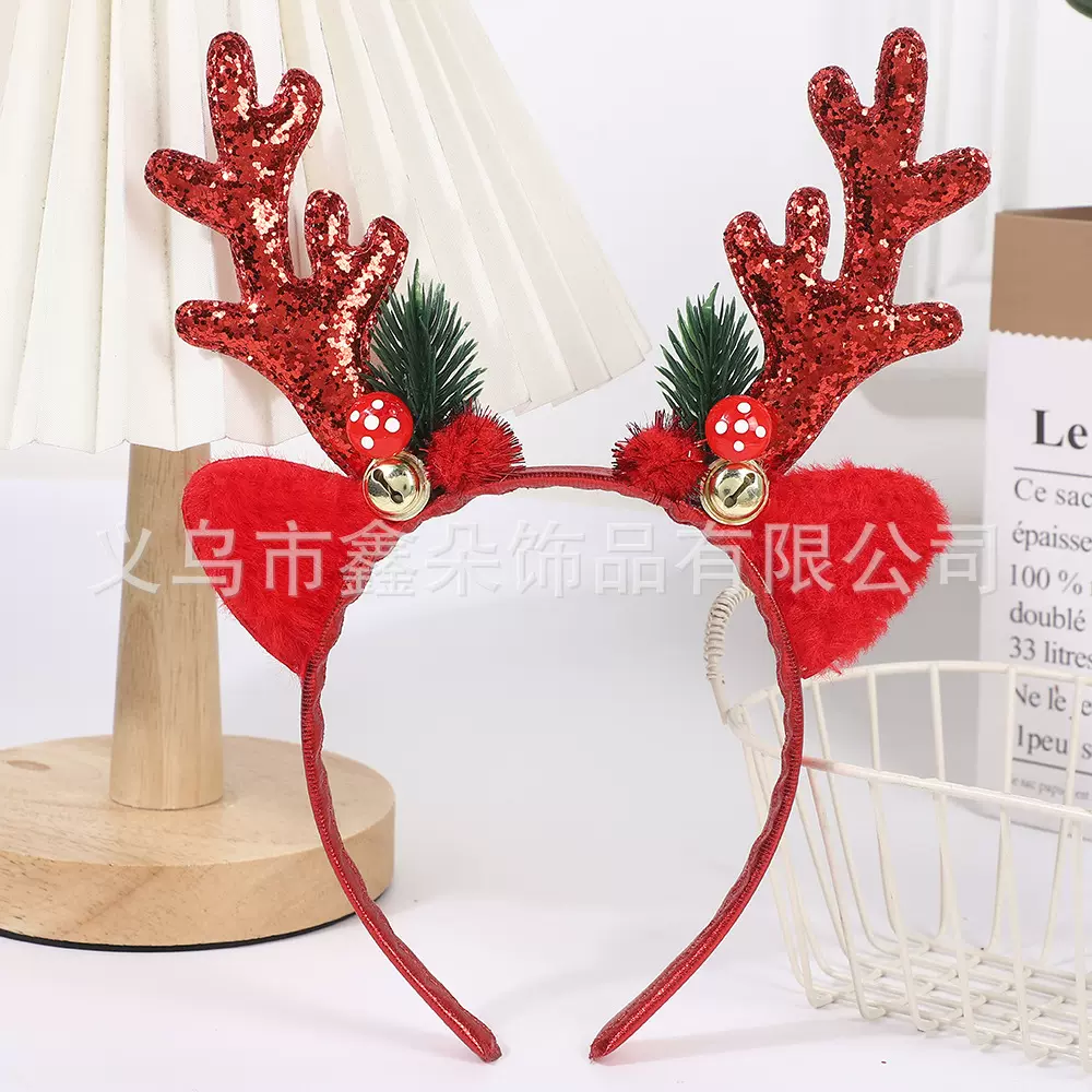 圣诞节装饰品发箍铃铛鹿角头饰闪光亮片头扣舞会派对辫子头箍