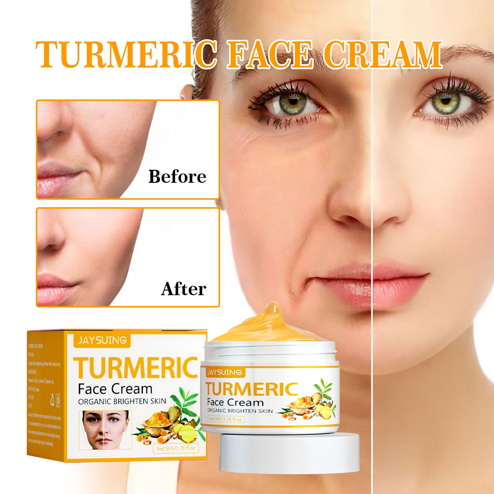 Crema de față fermă și înfrumusețatoare cu turmeric Jayswing reduce ridurile, îmbunătățește aspectul îmbătrânirii, tonifiază tenul și luminează tenul._voghion.com