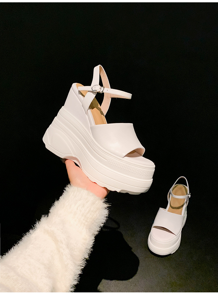 Sandal nữ đế dày da bò cao gót 14 cm phong cách La Mã — màu đen, màu trắng, màu mơ chi tiết 17